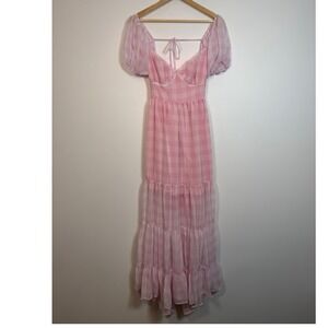 Romantic Coquette Shero Gingham Tiered Maxi Dress Women M Pink White SDH00774